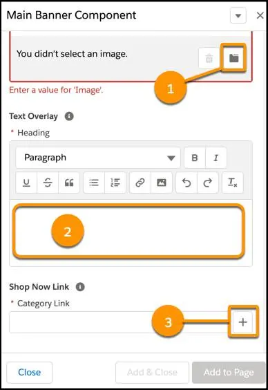 Page Designer Main Banner component attributes.