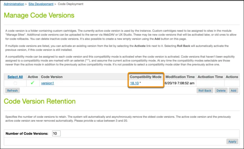 Business Manager Manage Code Versions page showing the compatibility mode.