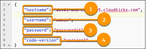 Contents of the dw.json file, with hostname, username, password, and code-version called out.