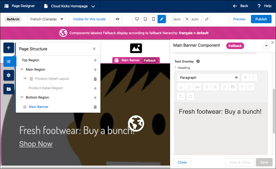 Page Designer の [Main Banner (メインバナー)] コンポーネント
