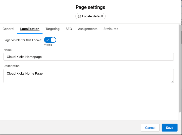 Page Designer で、地域情報を選択し、その地域情報で表示されるようにします。