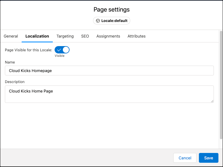Page Designer の [Page settings (ページ設定)] ダイアログ
