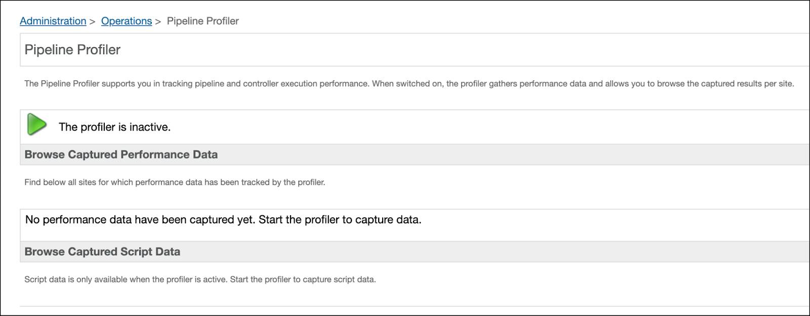In Business Manager, the Pipeline Profiler page shows that the profiler is inactive.