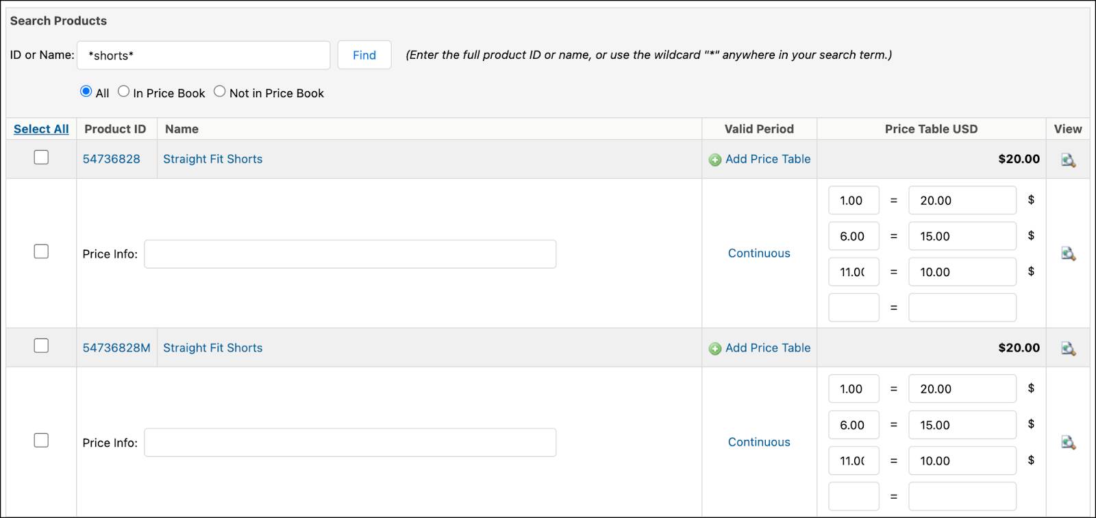 Create a price table in Business Manager.