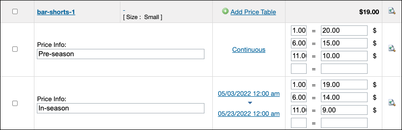 Create a second price table for the same product.