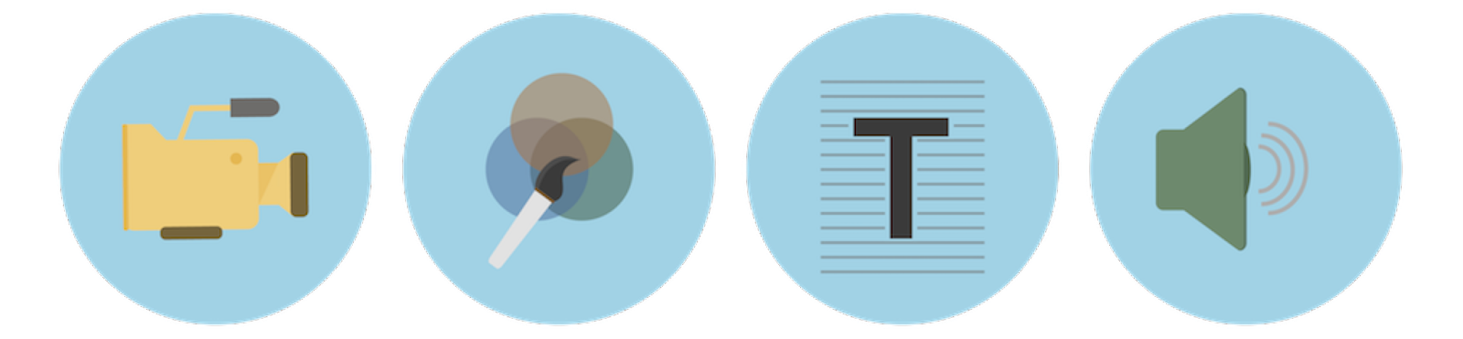 Content asset icons: video, graphics, text, audio