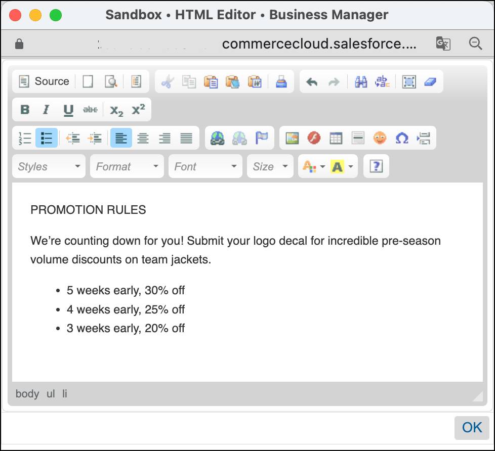 HTML エディターでのコンテンツアセットテキストの編集。