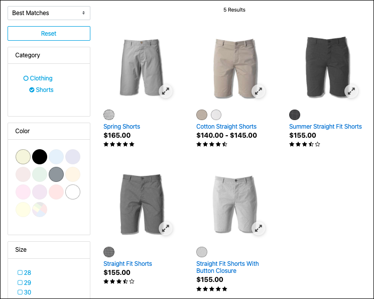 Search results show medium view type images and color swatches for each variation.