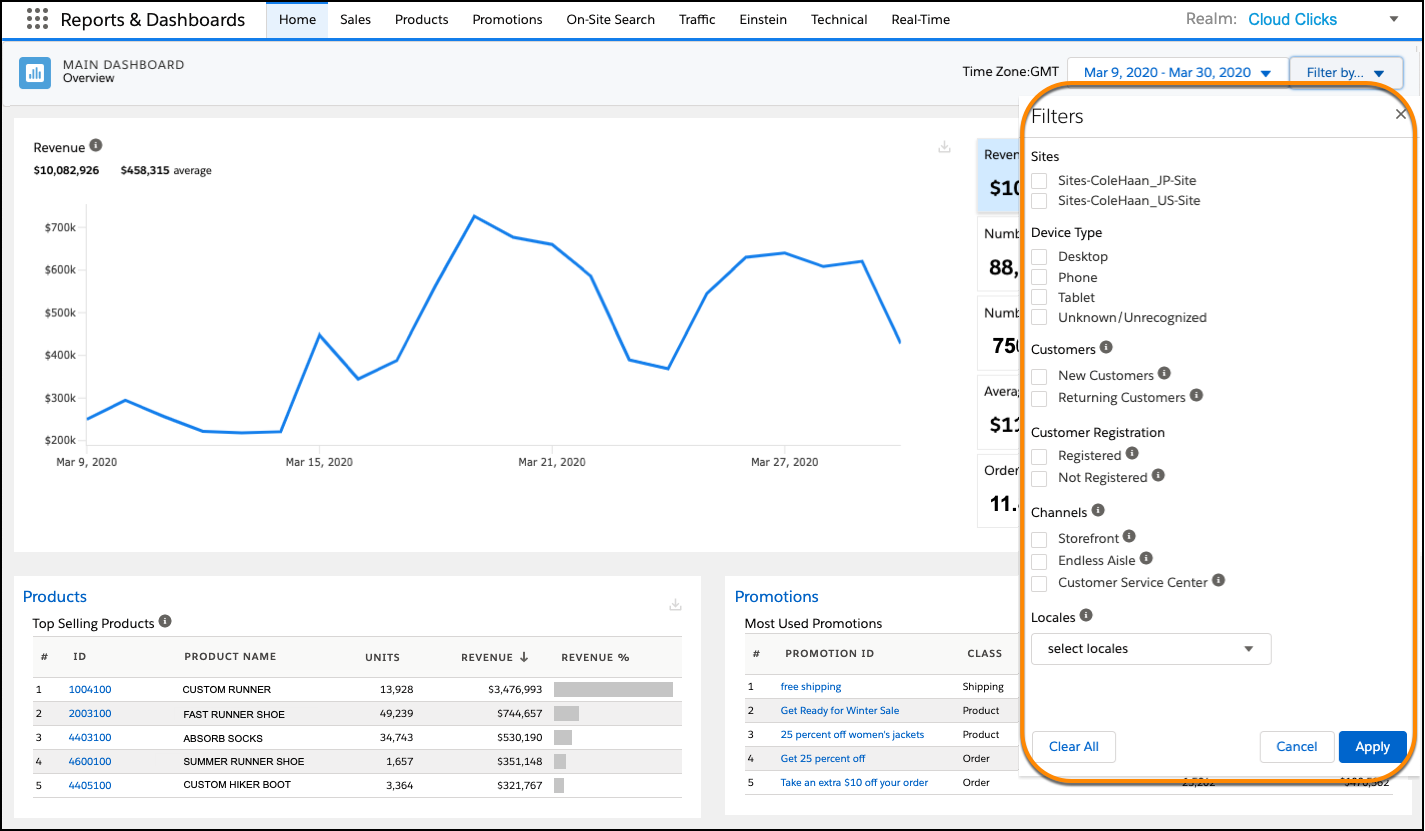 O dashboard principal mostrando as opções de seleção de filtros.