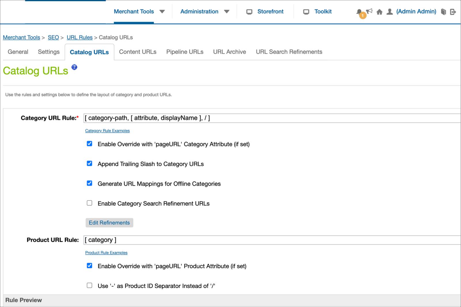 Business Manager SEO URL Catalog URLs tab