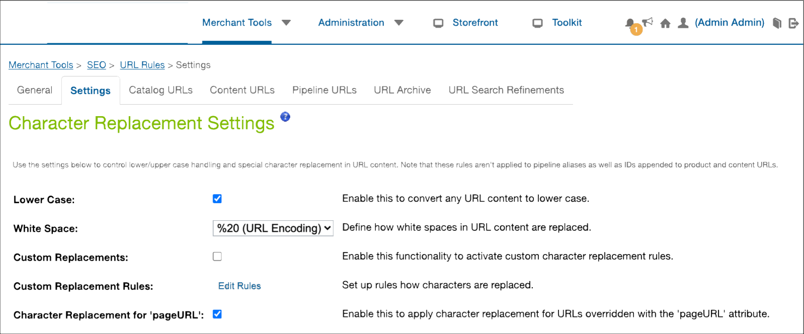 Business Manager SEO URL Settings tab