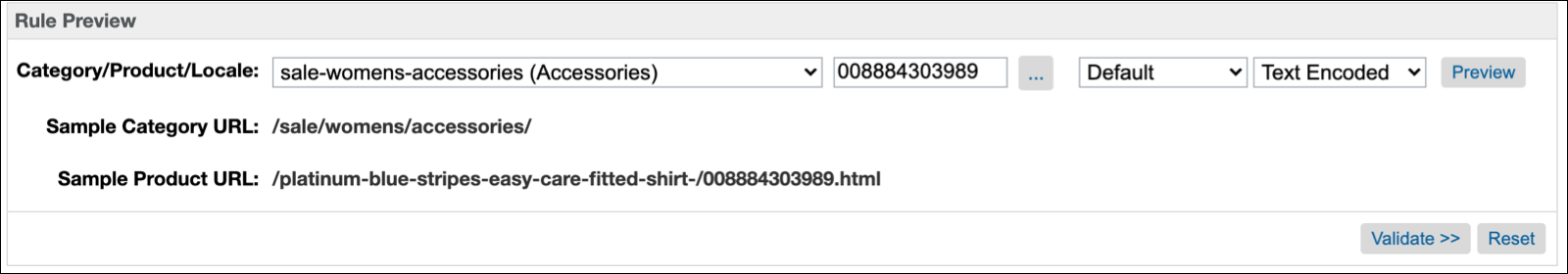 In Business Manager, SEO URLs, Catalog URLs tab, preview URL.