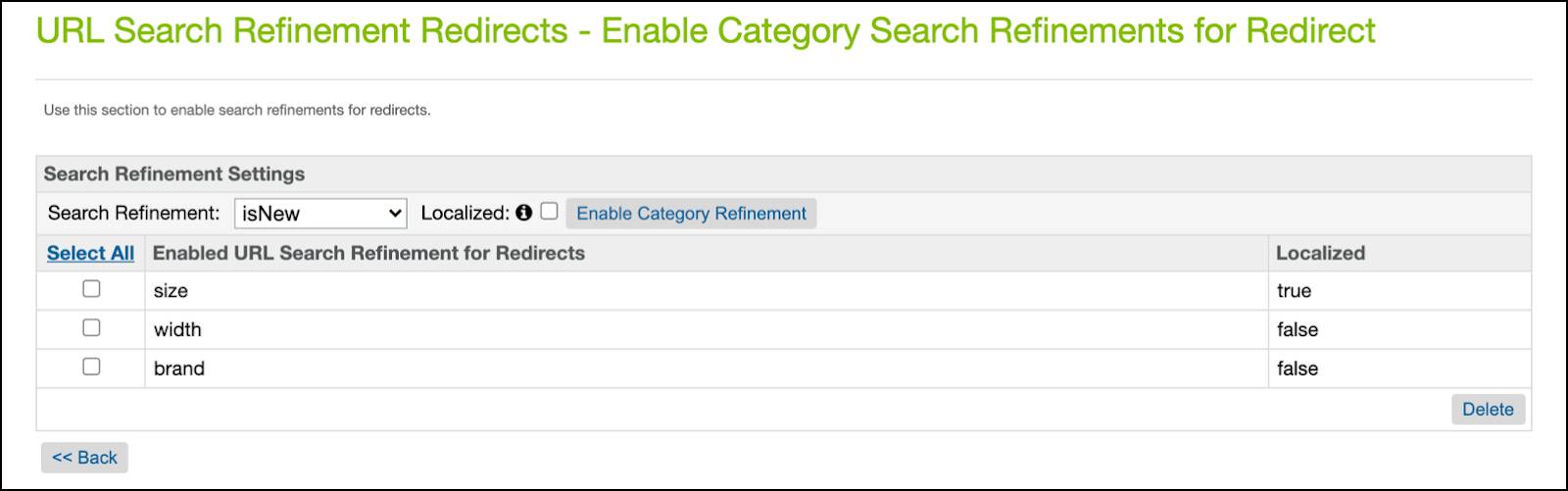 Business Manager, enabled category search refinements: size, brand, and width