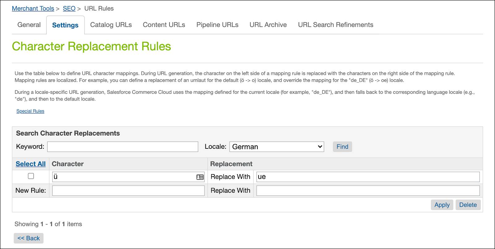 Business Manager, URLs com SEO, regras de substituição de caracteres