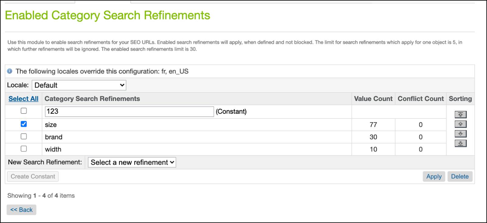 URLs com SEO do Business Manager, refinamentos de pesquisa de categoria habilitados