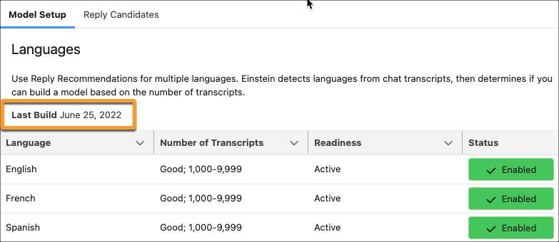 Reply Recommendations setup page with the last build date highlighted.