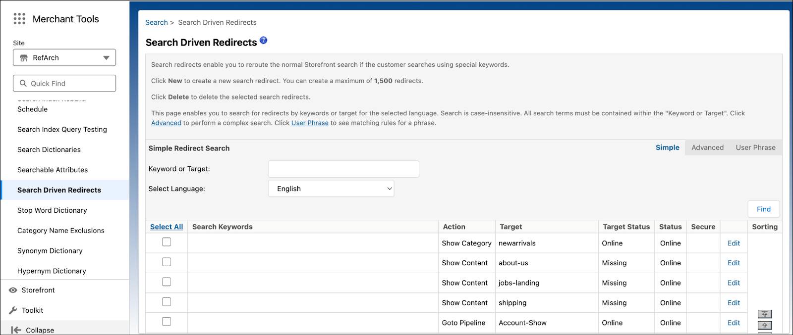 In Business Manager, create and edit search-driven redirects.