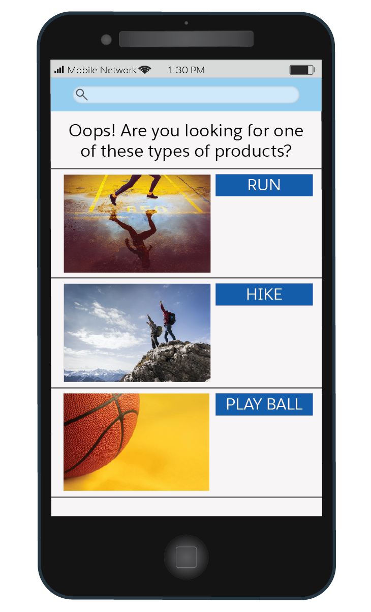 Three fun, sports-related (run, hike, and play ball) graphics intended for a no search results page