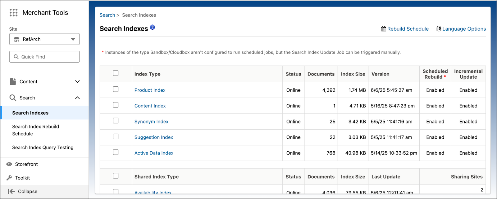 Business Manager で辞書別の検索インデックスデータを表示します。