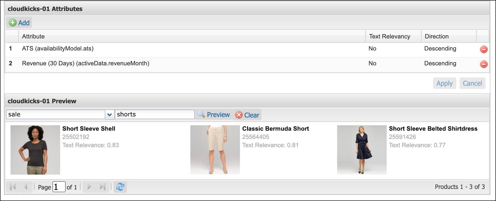 In Business Manager, preview sorting rules by selecting the rule and a category, and entering a search term.