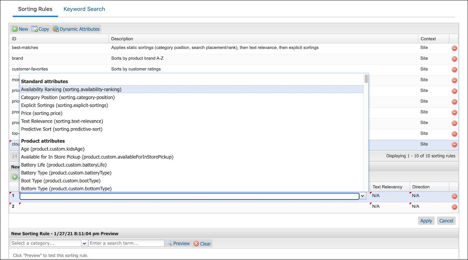 On the Business Manager Sorting Rules page, select the attributes to add to a sorting rule.