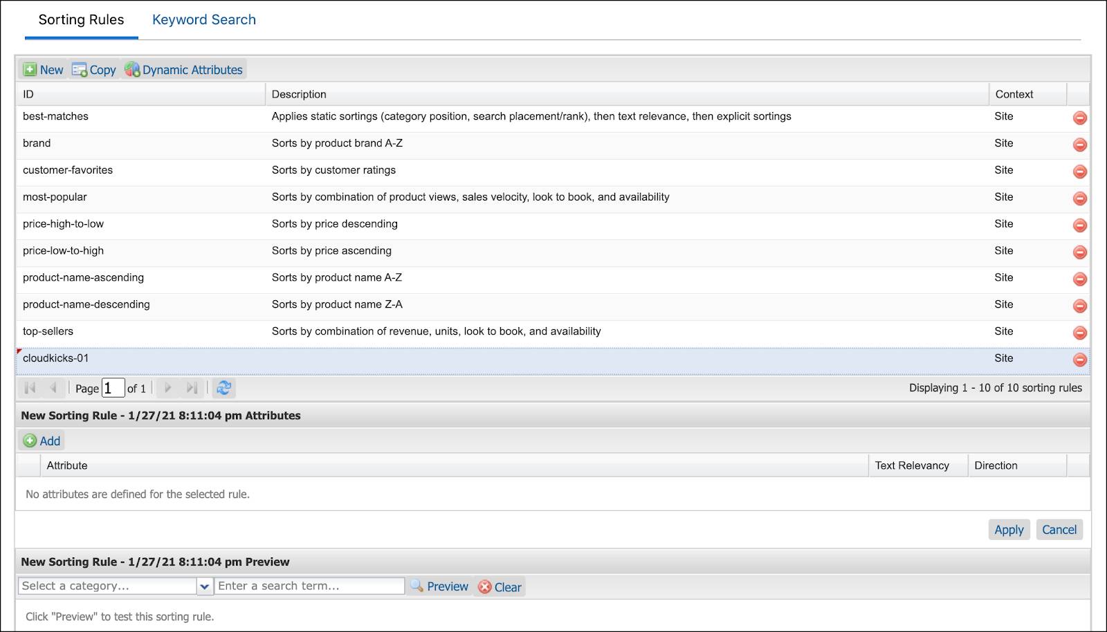 In Business Manager, the Sorting Rules page has three sections: Sorting Rules, Attributes, and Preview.