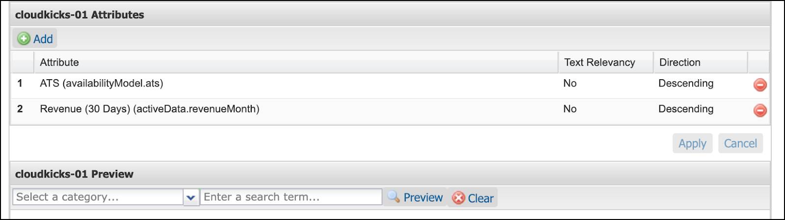 In the Business Manager Sorting Rules module, the new sorting rule uses two attributes: ATS ands Revenue (30 Days).