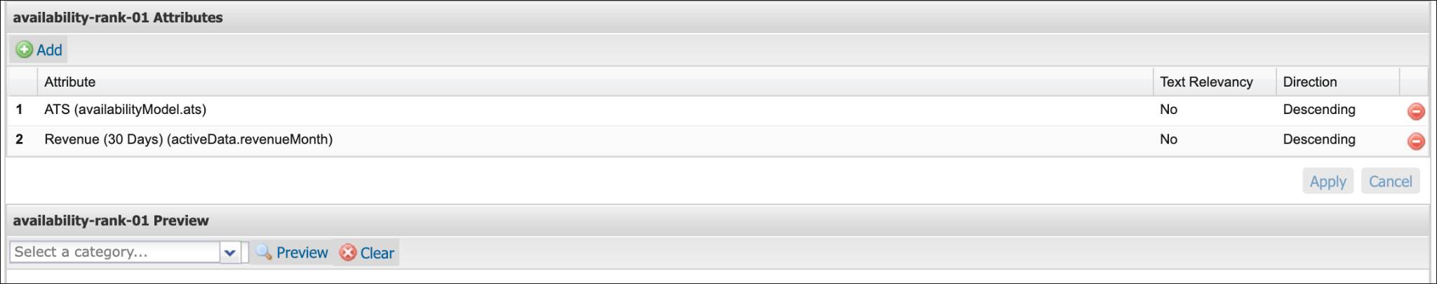 In the Business Manager Sorting Rules module, the new sorting rule uses two attributes: ATS and Revenue (30 Days).