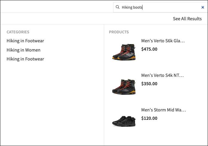 Search results from a Agentforce Commerce for B2C storefront search for hiking boots.