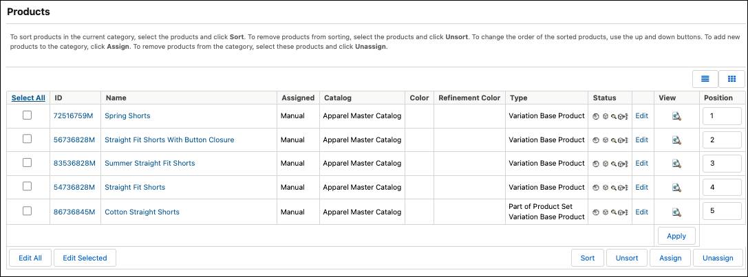 In Business Manager, the Products and Catalogs section, enter integers into the product position fields to assign category position.