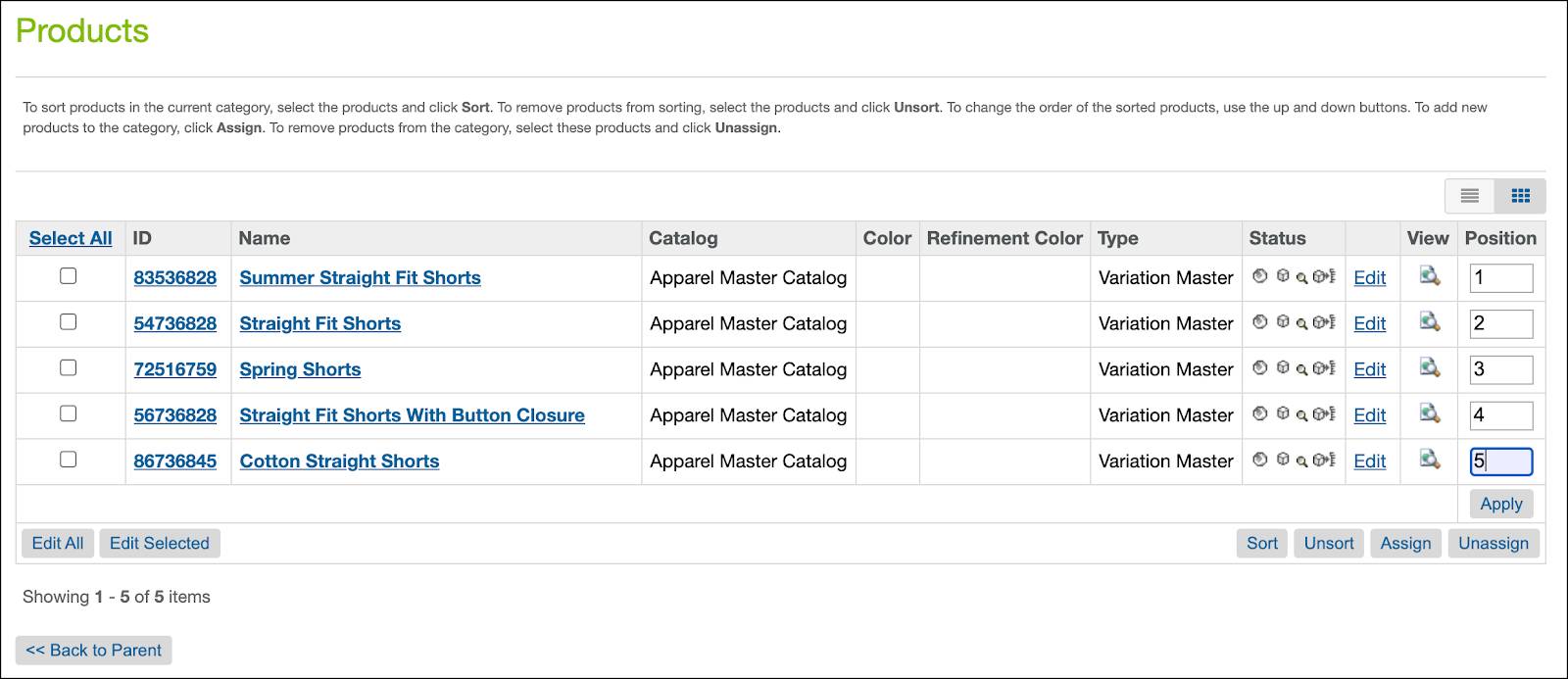 In Business Manager, the Products and Catalogs section, enter integers into the product position fields to assign category position.