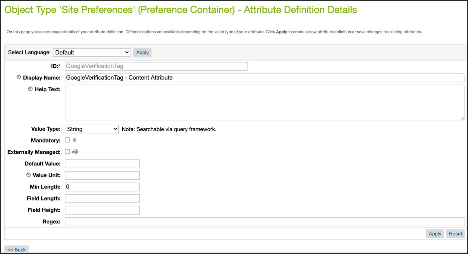 In Business Manager, look at the GoogleVerificationTag site preference attribute.