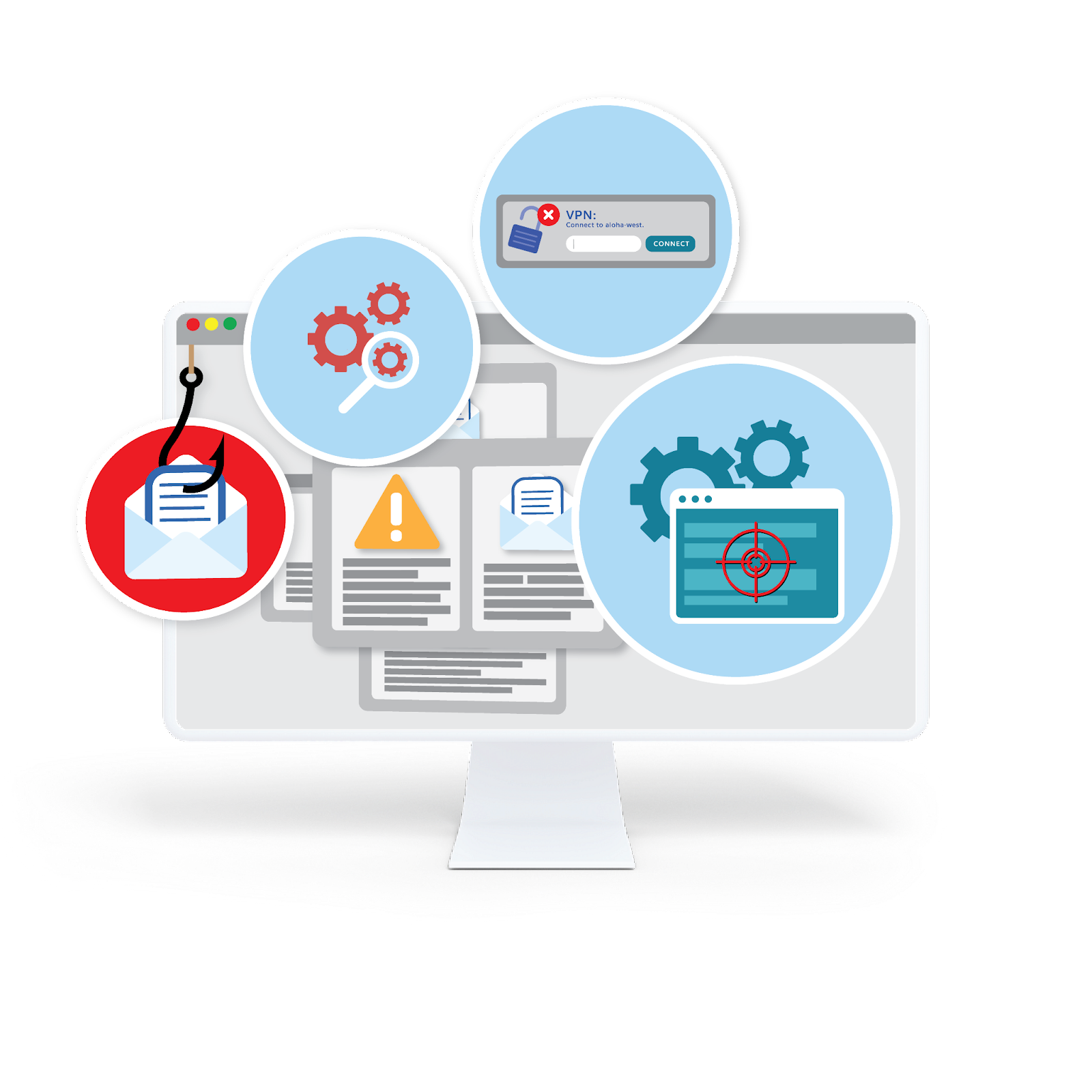 Icons showing various types of cyberattacks and data breaches.