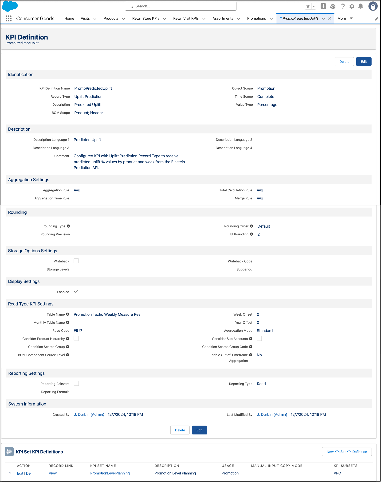 An example of a KPI definition and KPI set.