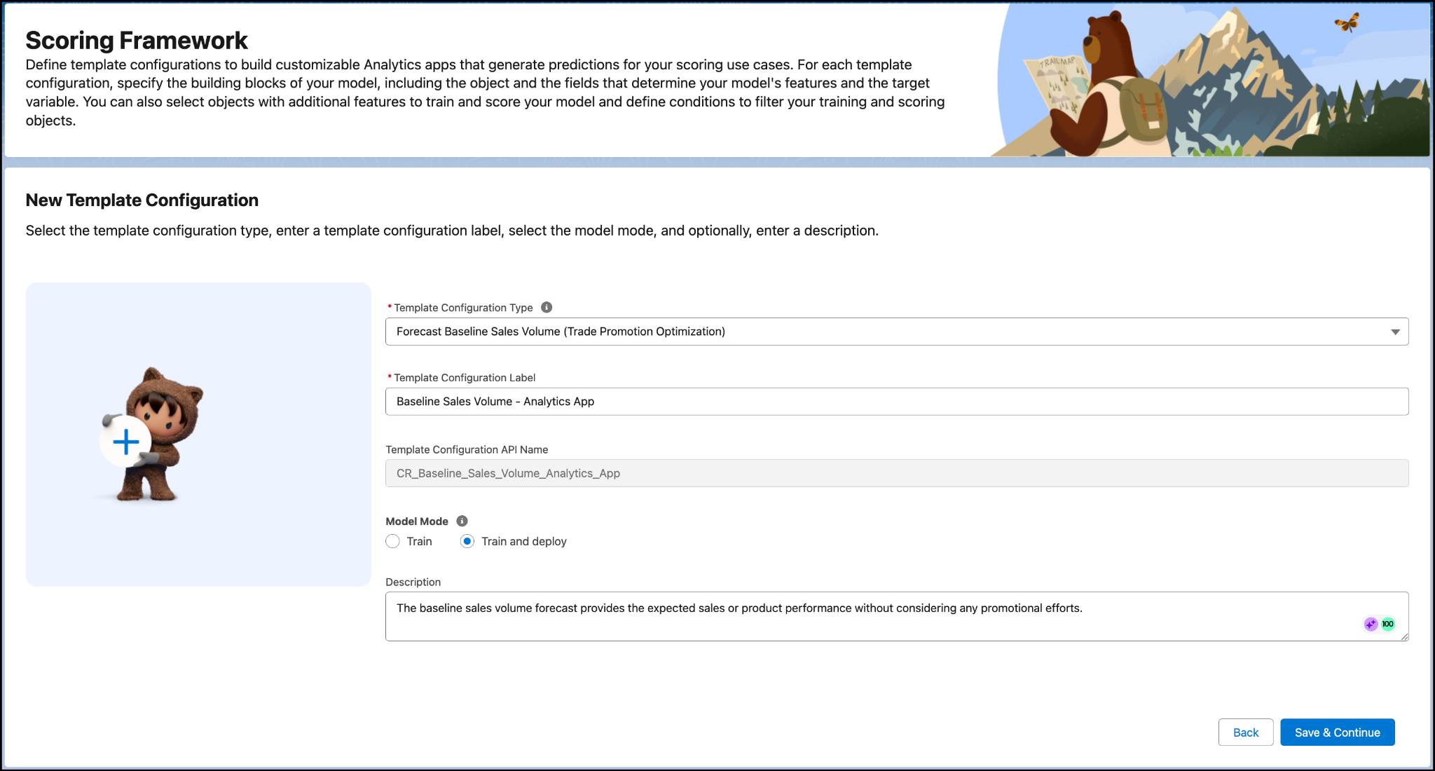 The New Template Configuration page for baseline sales volume forecast.