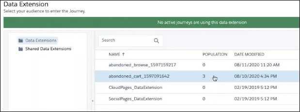 Choosing an abandoned cart data extension in Journey Builder