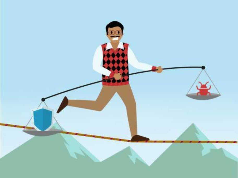 A person balances on a tightrope using a pole with a scale holding a shield on one end, and a vulnerability bug on the other.