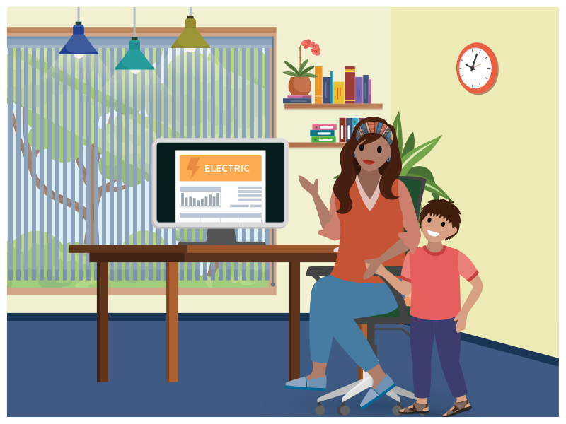 子供と手をつなぎながら、コンピューターで電気代を支払っている母親。