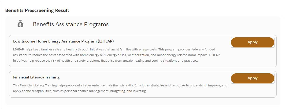 Benefits Prescreening Result on the Eligibility Prescreening Interview page of the Benefits Assistance portal.