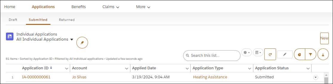 Submitted Applications tab of the benefits assistance portal dashboard.