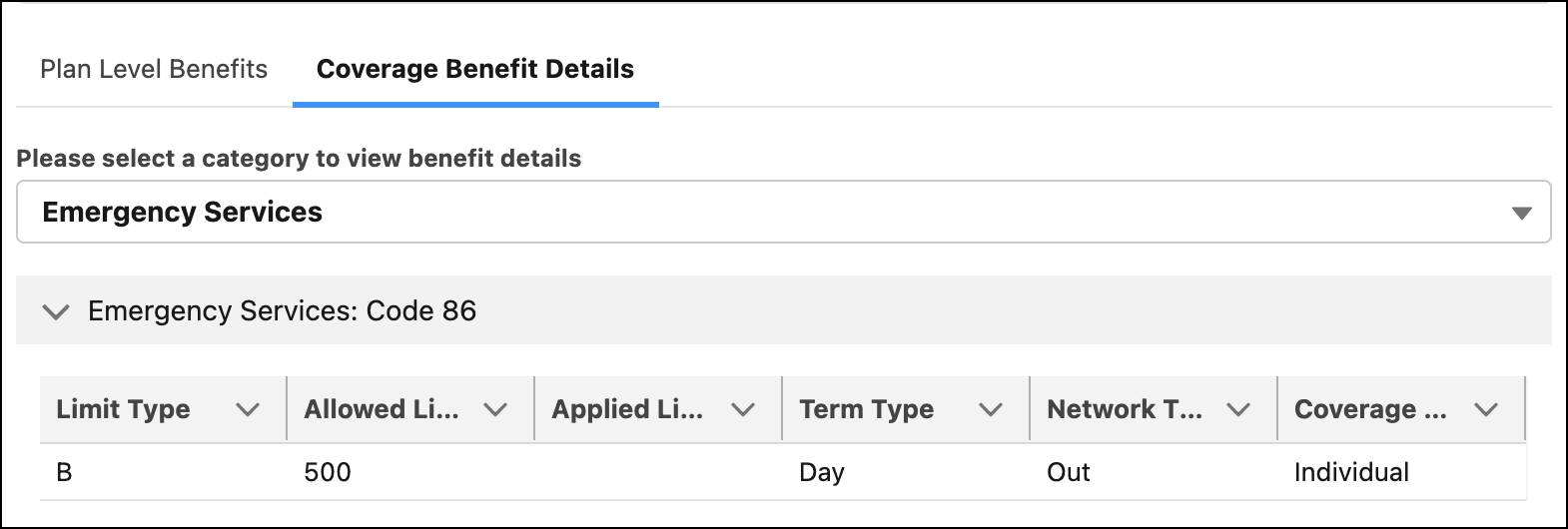 The Coverage Benefit Details tab displays benefits of the plan related to emergency services