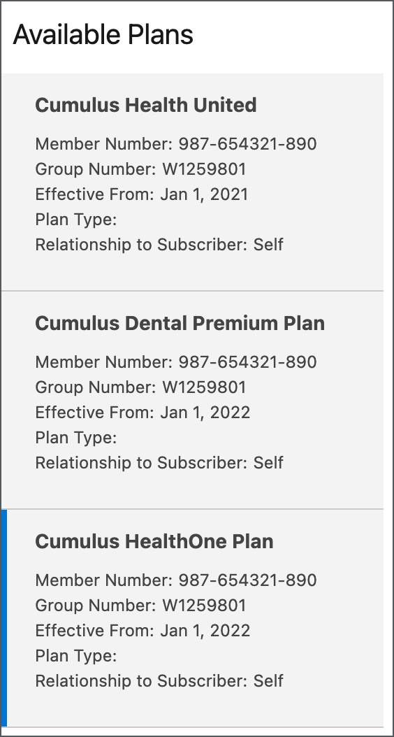 List of available plans for the patient as displayed on the Benefits Verification tab