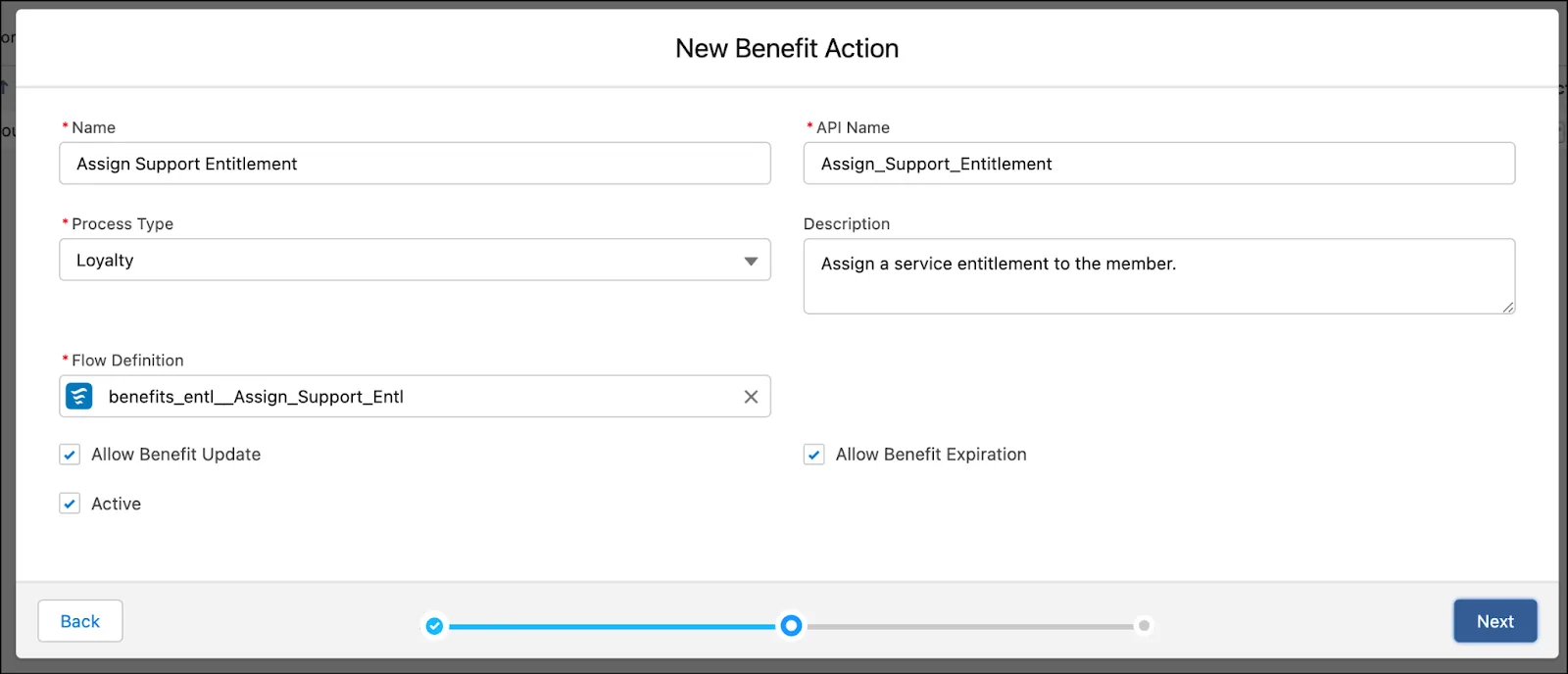 The New Benefit Action window where you review the details of the action.