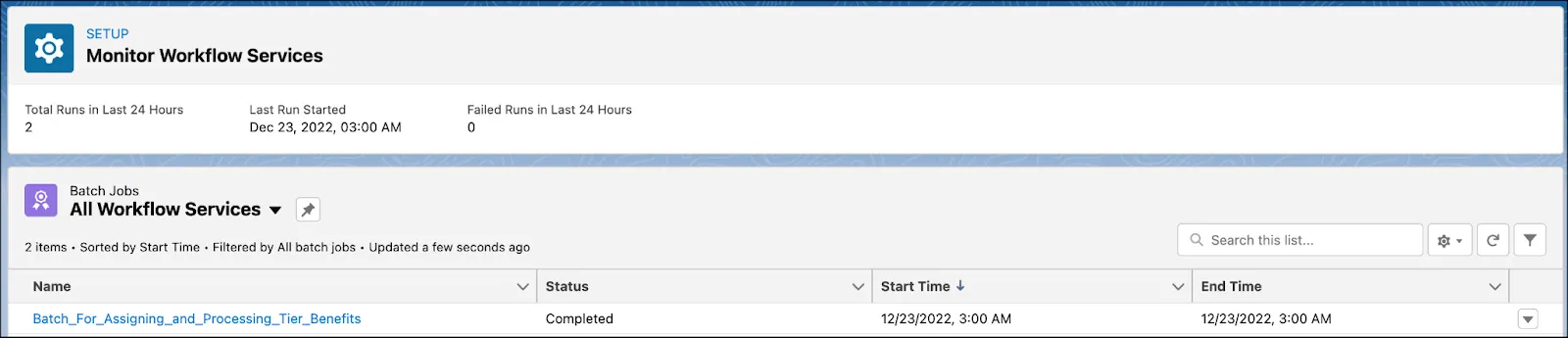 The Monitor Workflow Services page where you view the status of a batch job.