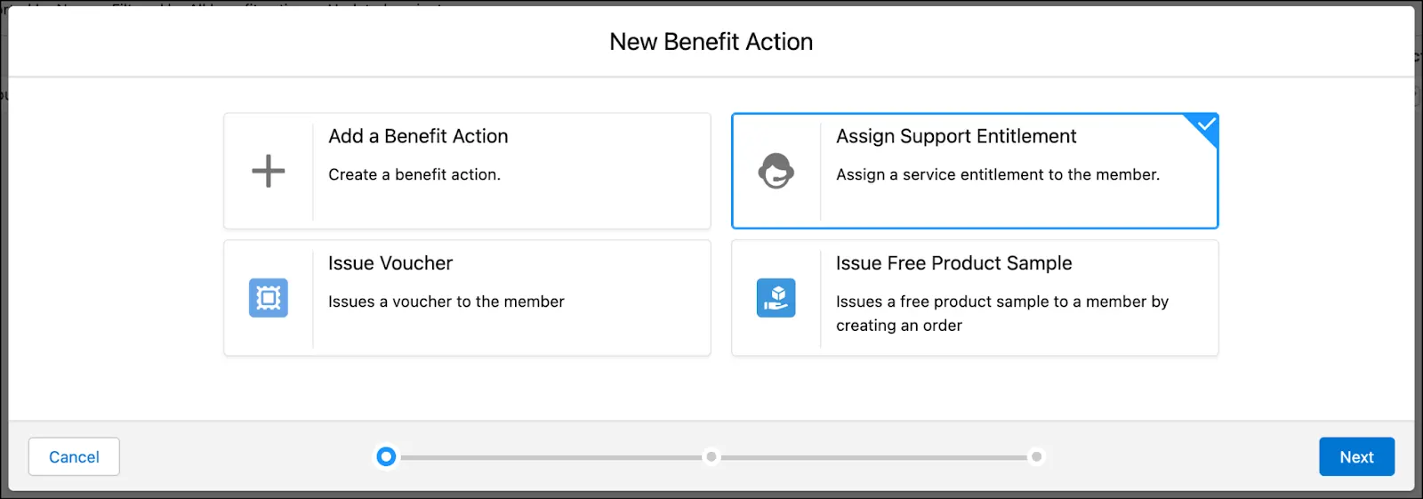 The New Benefit Action window where you select the Benefit Action.