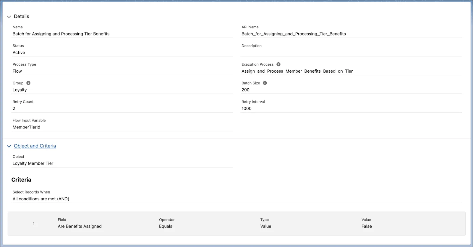 The Assign and Process Member Benefits Based on Tier batch job where you review the job details.
