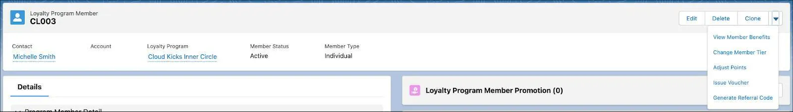 The actions associated with a member on the Loyalty Program Member record page.