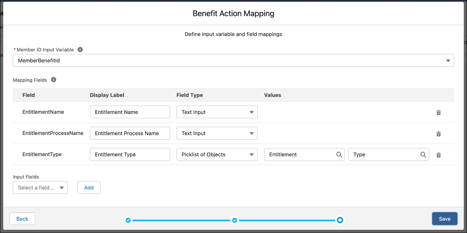 The Benefit Action Mapping window where you define the input variable field mappings if required.