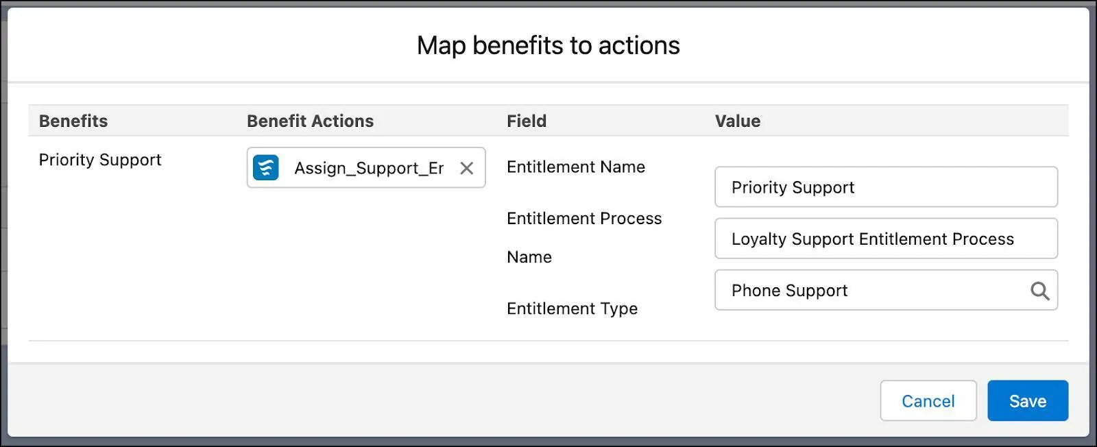 The Map benefits to actions window where you map the Benefit Actions to the benefit.