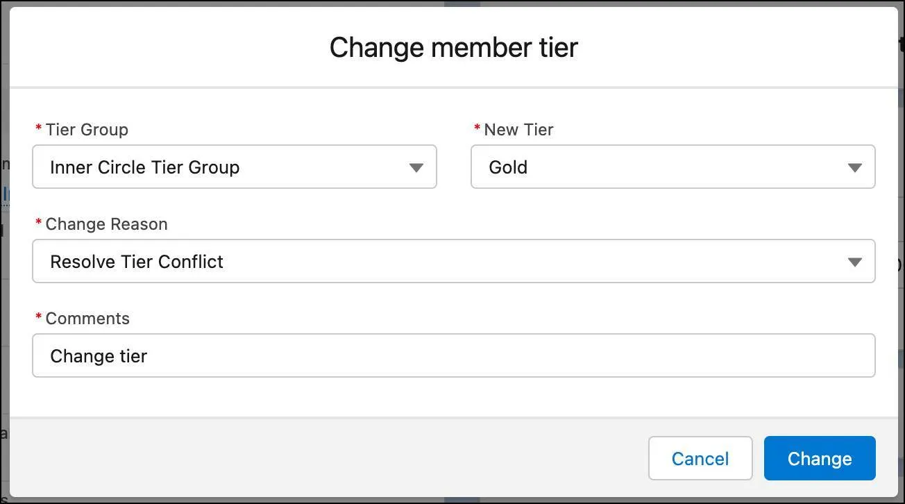 The Change member tier window where you provide details related to tier change.